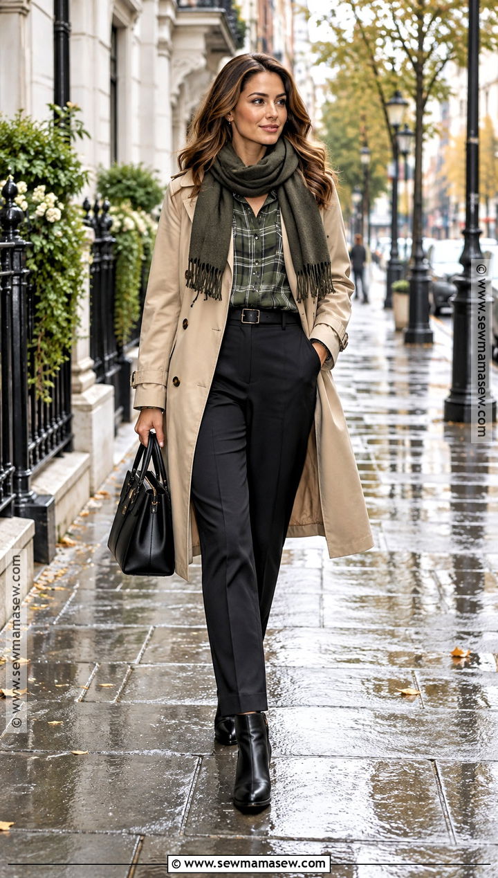 Checkered Shirt With a Trench Coat - 15 checkered shirt fall fashion ideas