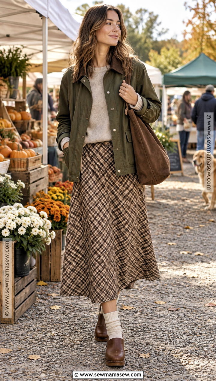 Checkered Skirt With Barn Jacket and Clogs - 15 checkered skirt fall fashion ideas