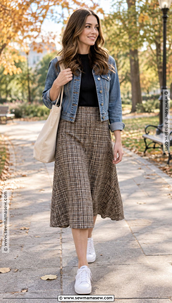 Checkered Skirt With Denim Jacket and Sneakers - 15 checkered skirt fall fashion ideas