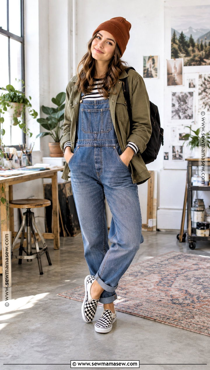 Checkered Vans With Overalls And Striped Shirt - 15 checkered vans outfit fall ideas