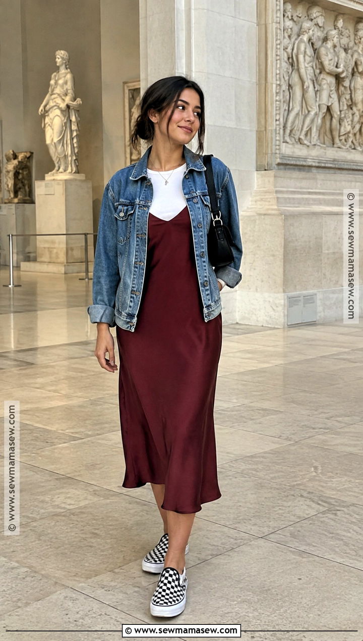 Checkered Vans With Slip Dress And Denim Jacket - 15 checkered vans outfit fall ideas