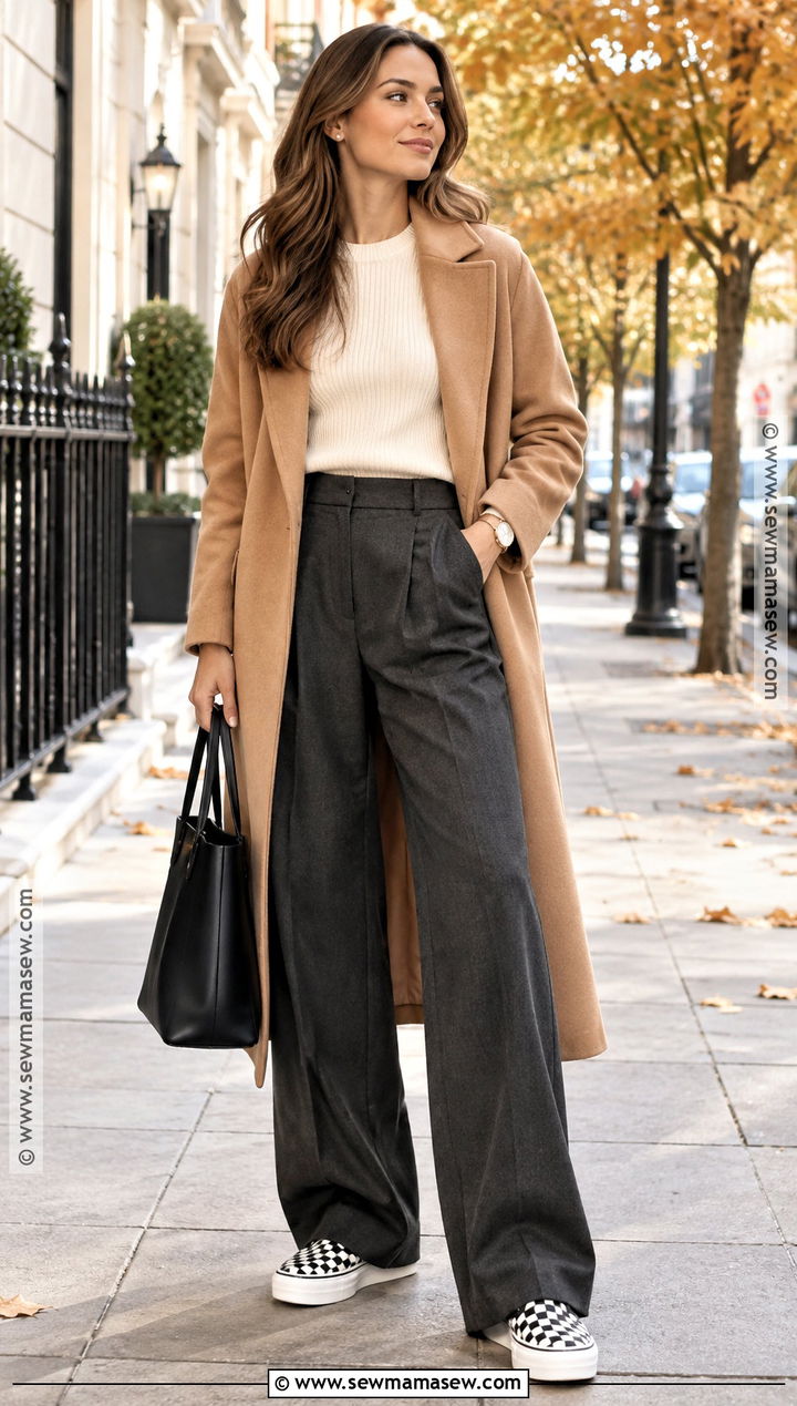 Checkered Vans With Wide Leg Trousers And Sweater - 15 checkered vans outfit fall ideas