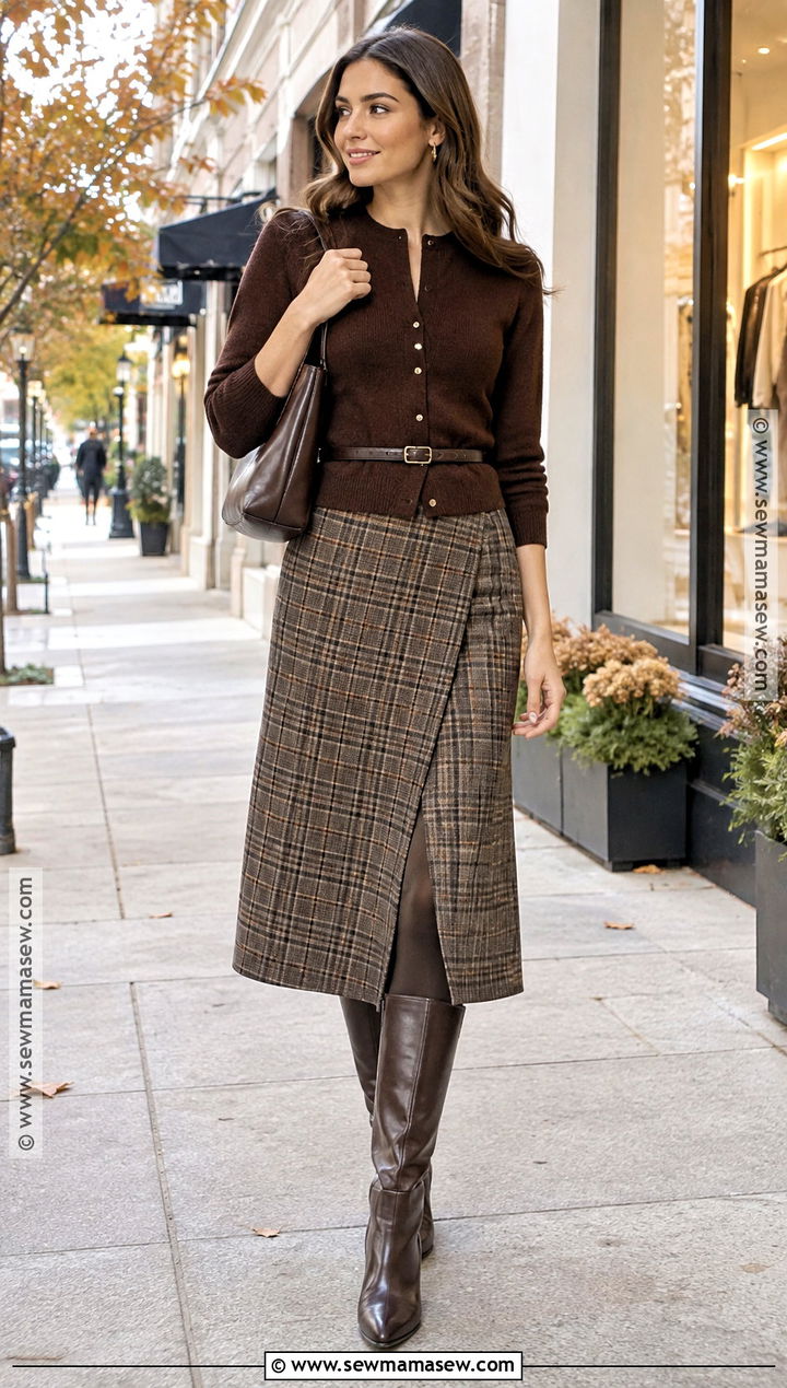 Checkered Wrap Skirt With Belted Cardigan and Boots - 15 checkered skirt fall fashion ideas