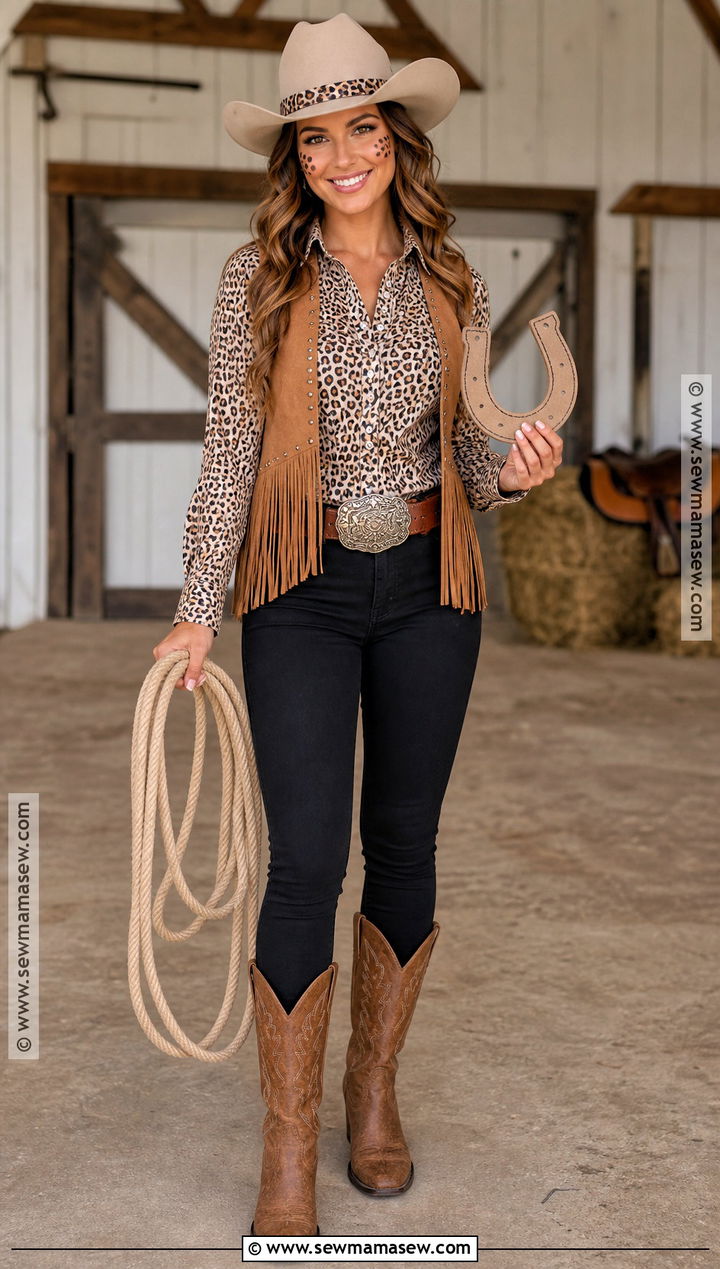 Cheetah Cowgirl Costume With Fringe Vest - 30 cheetah print halloween costume ideas