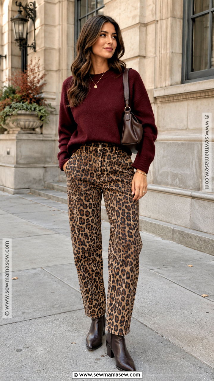 Cheetah Jeans With Burgundy Sweater And Brown Boots - 20 cheetah jeans outfit fall