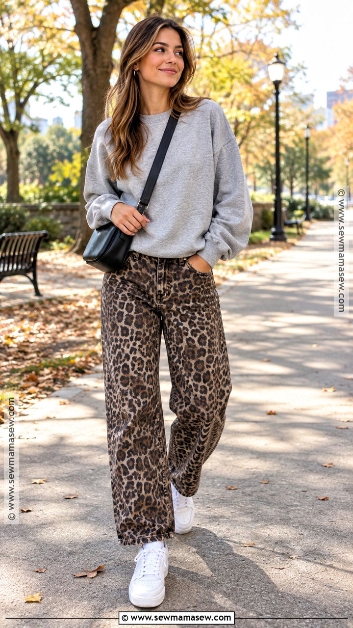 Cheetah Jeans With Gray Sweatshirt And White Sneakers - 20 cheetah jeans outfit fall