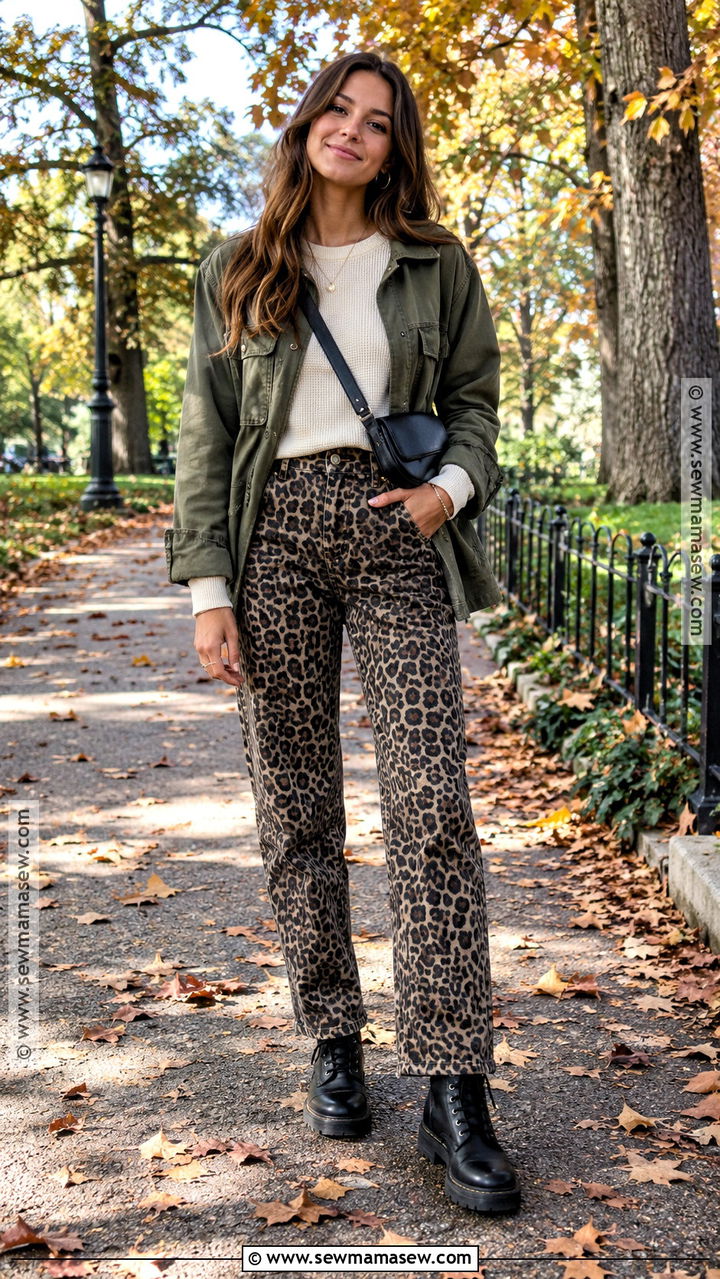 Cheetah Jeans With Utility Jacket And Combat Boots - 20 cheetah jeans outfit fall