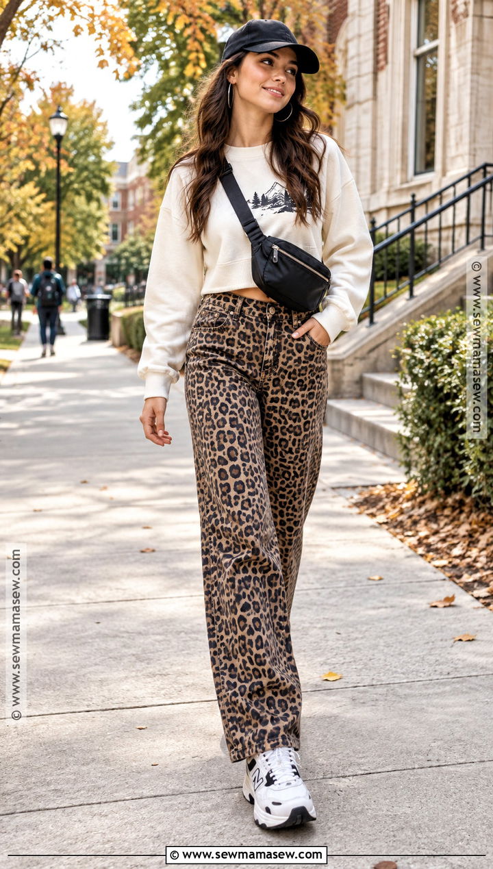 Cheetah Pants With Graphic Sweatshirt And Chunky Sneakers - 20 cheetah pants outfit fall