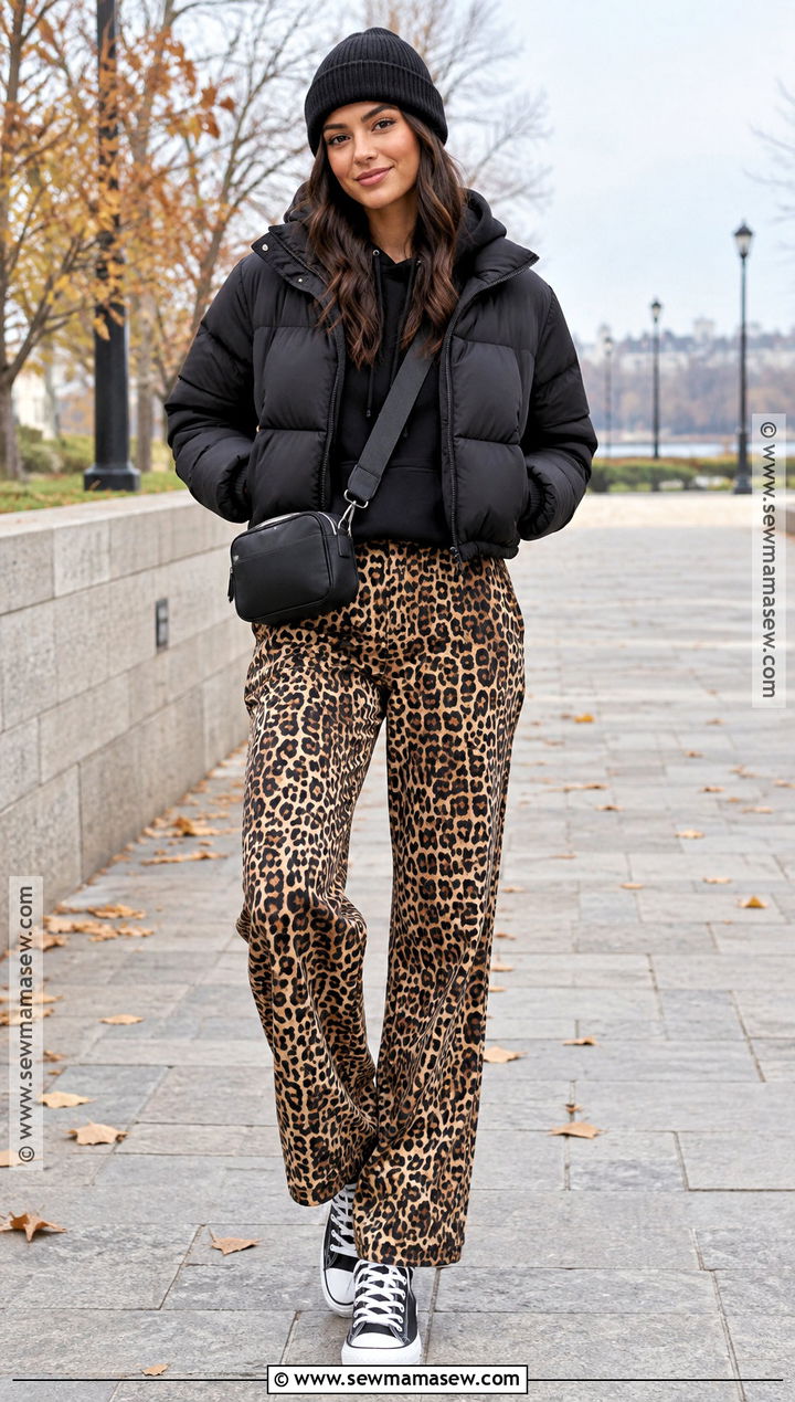Cheetah Pants With Puffer Jacket And High Top Sneakers - 20 cheetah pants outfit fall