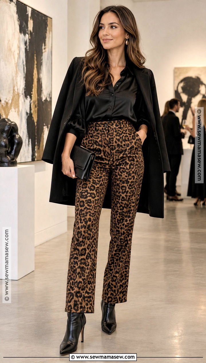 Cheetah Pants With Satin Blouse And Heeled Boots - 20 cheetah pants outfit fall