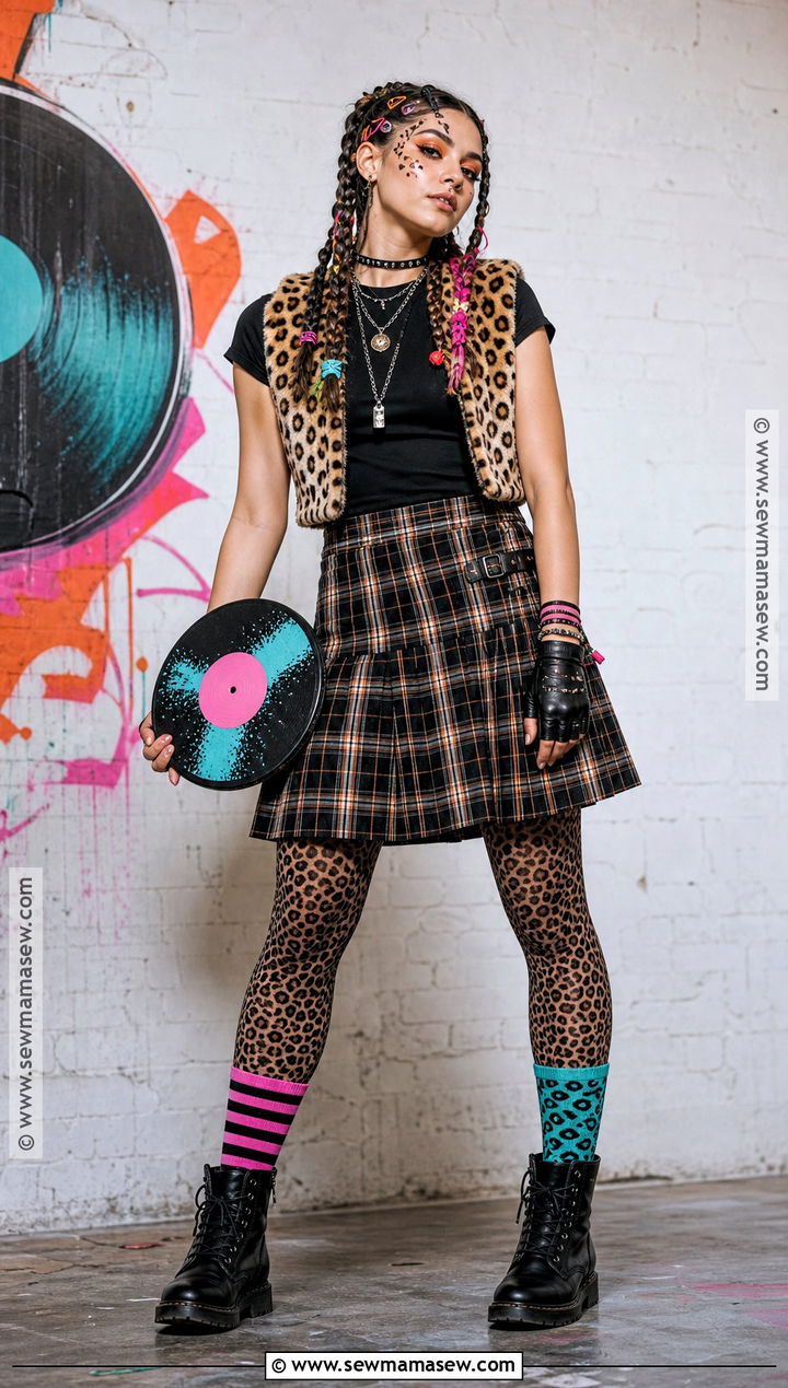 Cheetah Punk Costume With Plaid Skirt - 30 cheetah print halloween costume ideas