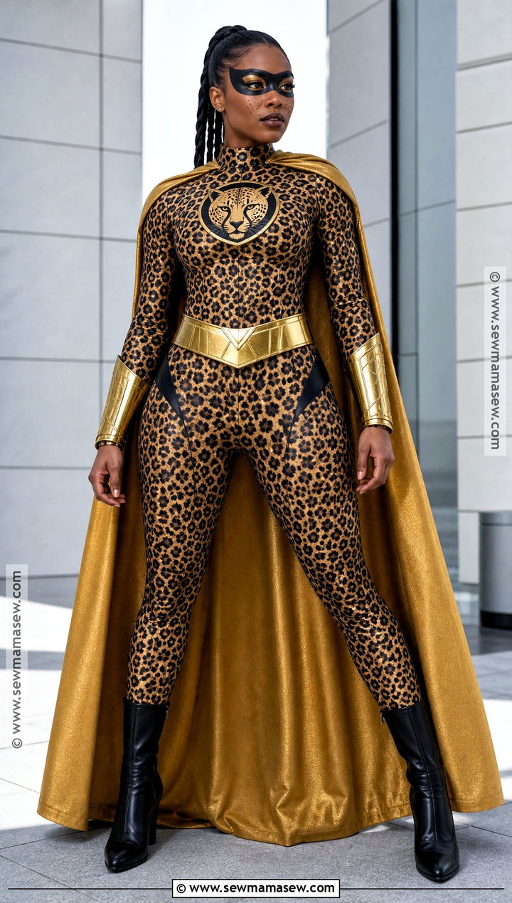 Cheetah Superhero Costume With Gold Cape - 30 cheetah print halloween costume ideas