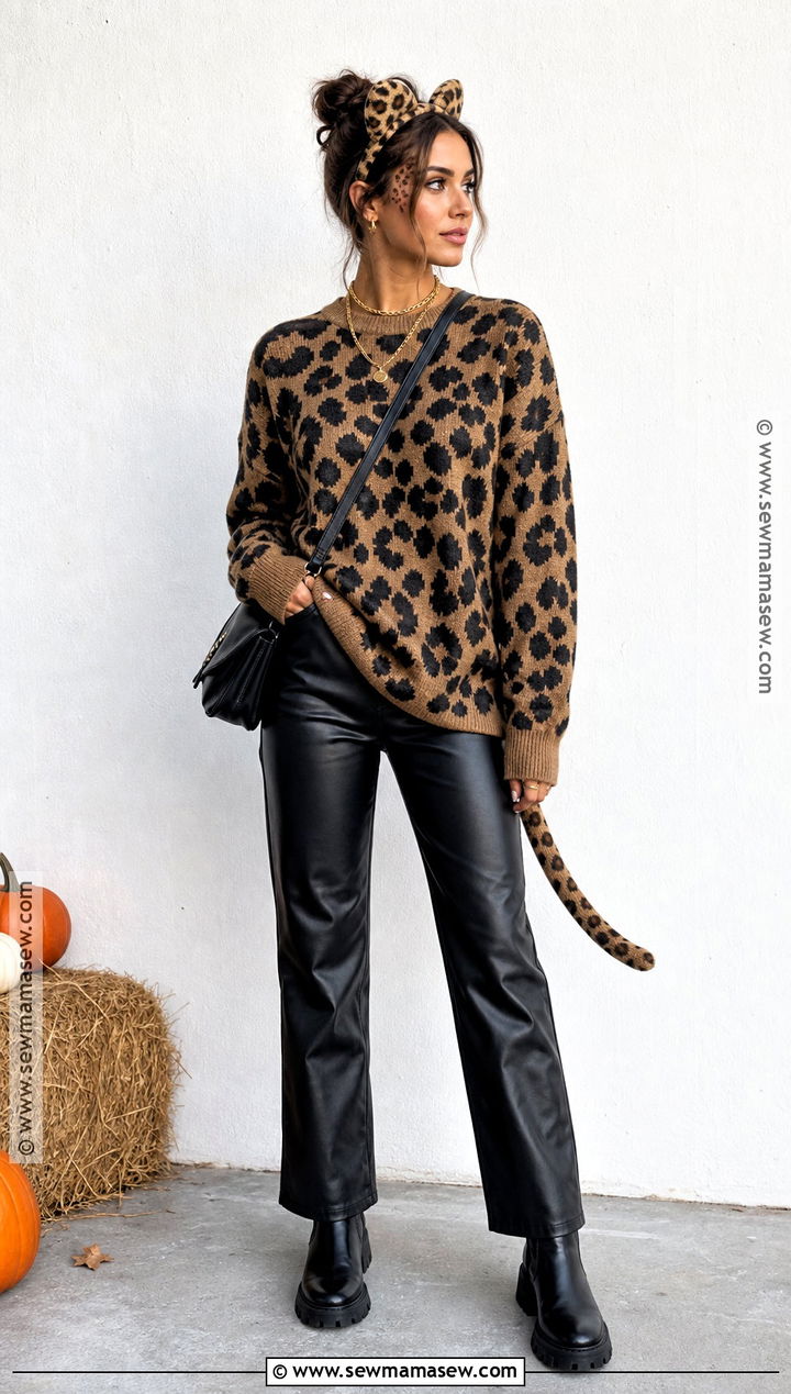 Cheetah Sweater And Leather Pants Halloween Outfit - 30 cheetah outfit halloween ideas