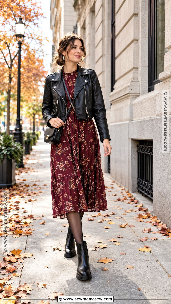 Chelsea Boots With A Floral Midi Dress And Leather Jacket - 20 fall chelsea boot outfits