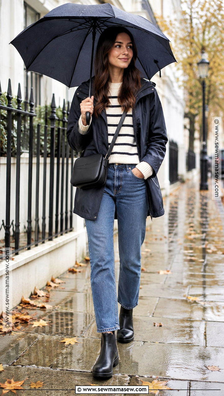 Chelsea Rain Boots With Straight Leg Jeans And Striped Sweater - 15 rain boot outfit fall ideas