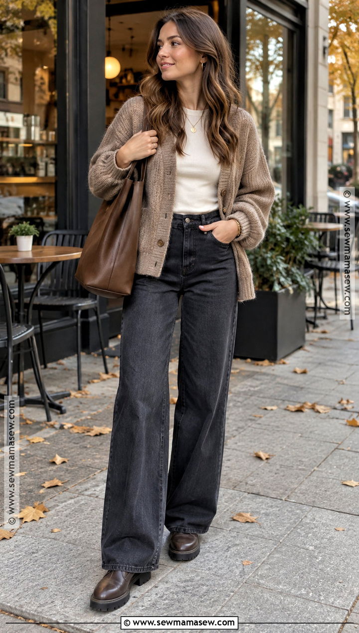 Chelsea Wellies With Wide Leg Jeans And Knit Cardigan - 15 wellies outfit autumn ideas