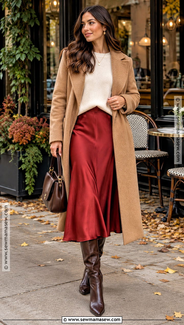 Cherry Red Midi Skirt With Cream Sweater - 15 fall outfits 2026 cherry red