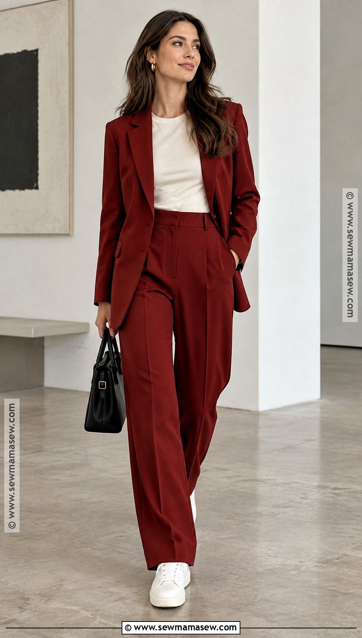 Cherry Red Pantsuit With White Sneakers - 15 fall outfits 2026 cherry red