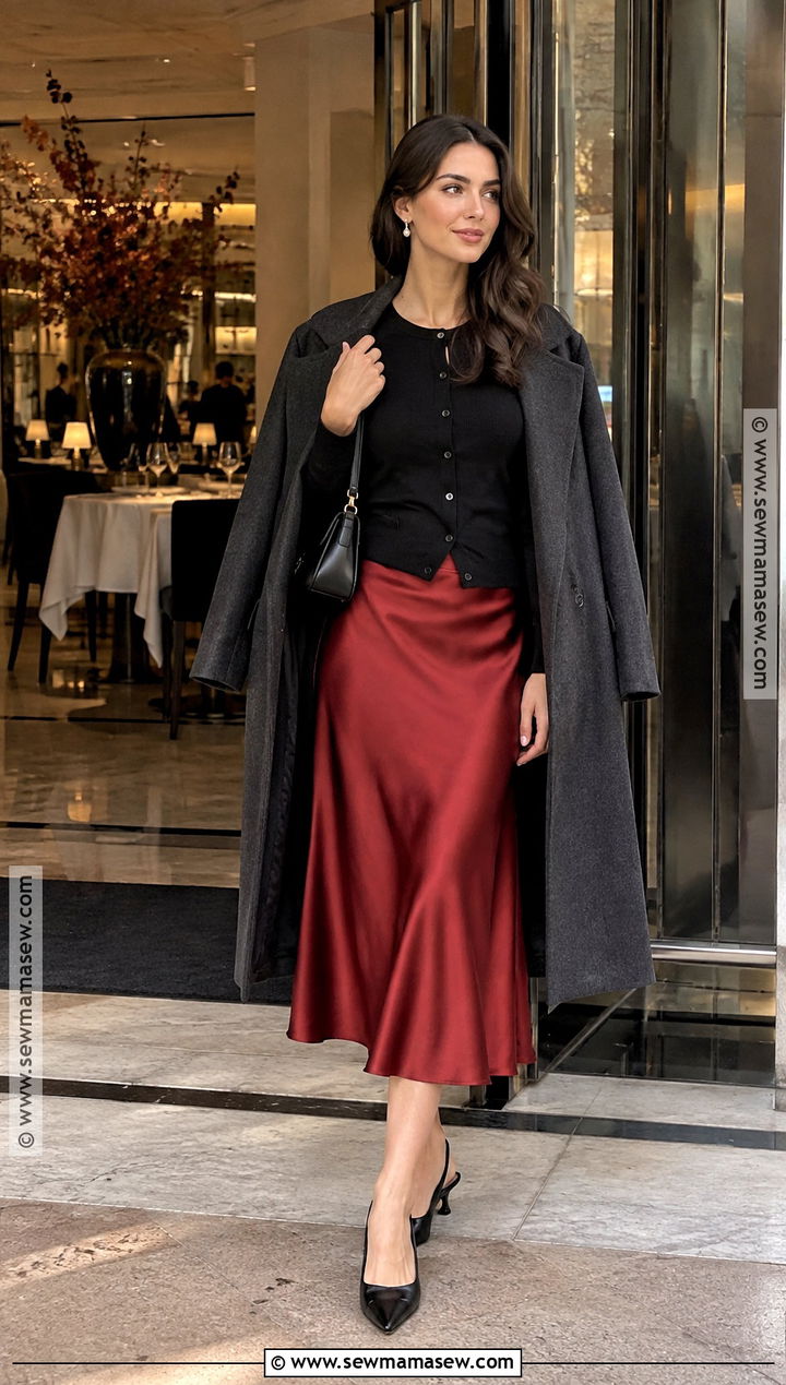 Cherry Red Satin Skirt With Black Cardigan - 15 fall outfits 2026 cherry red