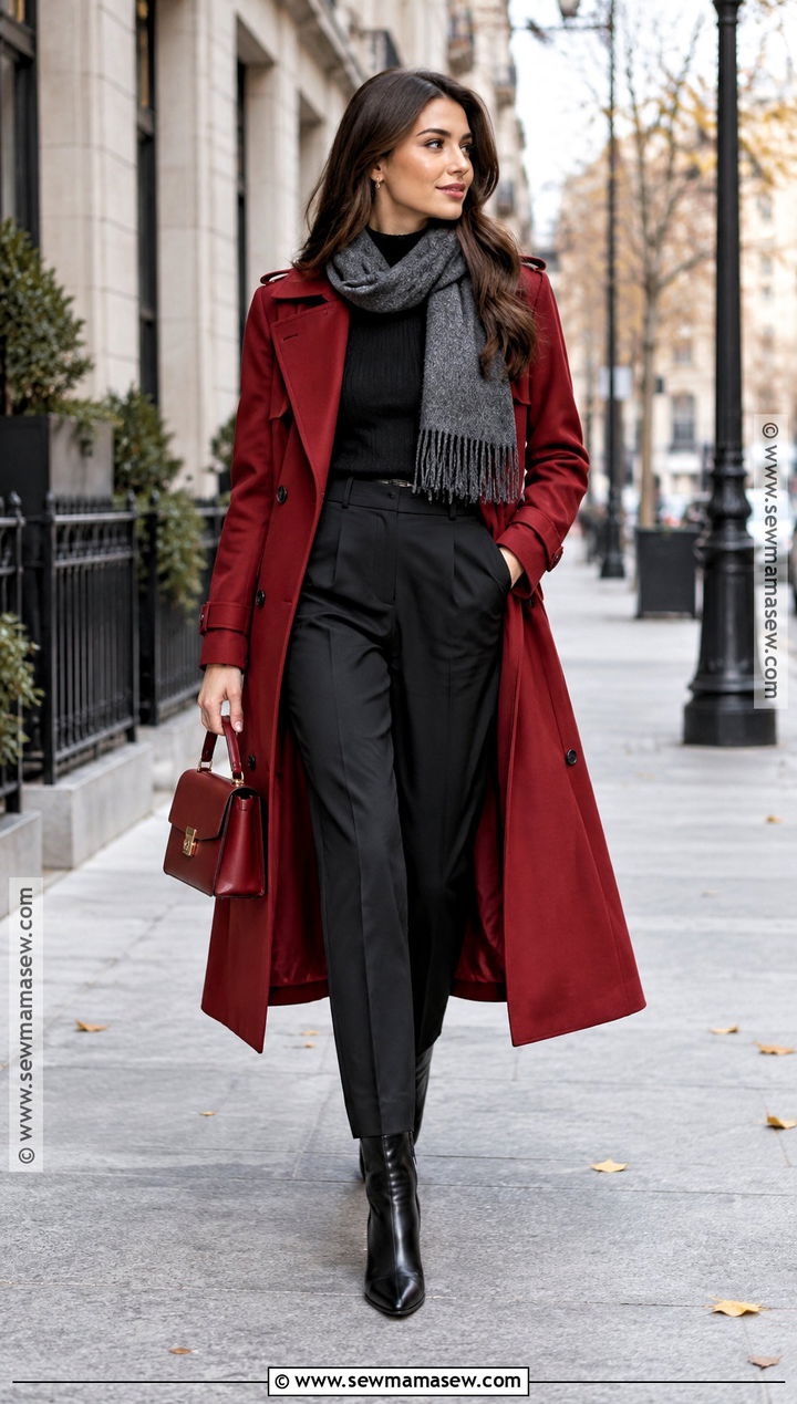 Cherry Red Trench Coat With Black Outfit - 15 fall outfits 2026 cherry red