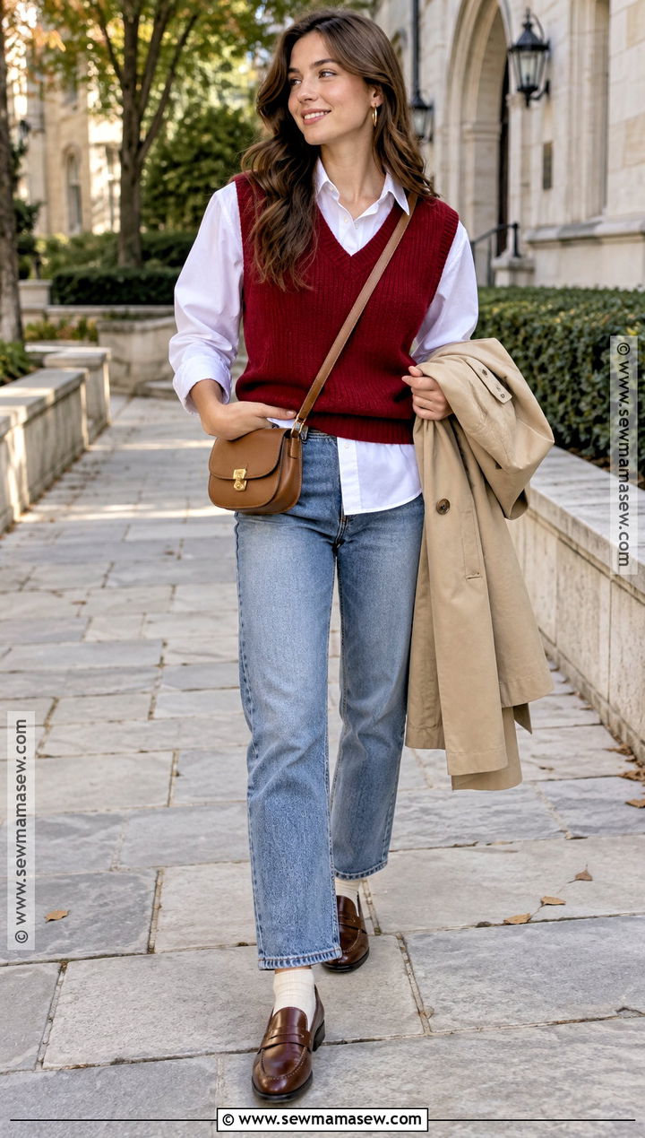 Cherry Red Vest With White Shirt And Jeans - 15 fall outfits 2026 cherry red