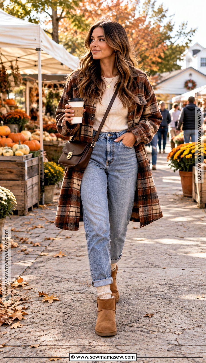 Chestnut UGG Boots With Mom Jeans And Plaid Shacket - 20 ugg autumn outfit ideas