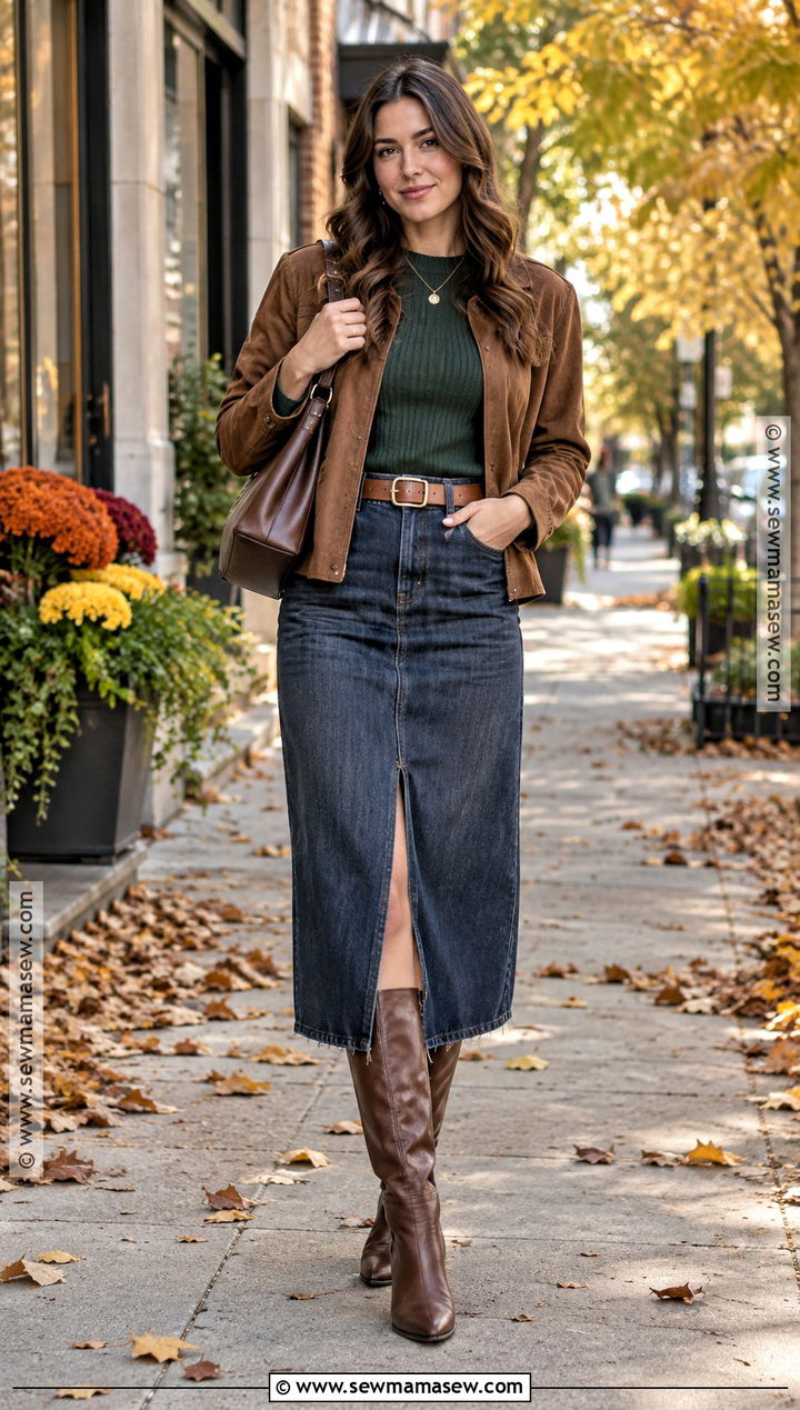 Chicago Fall Denim Skirt And Boots Outfit - 25 chicago fall outfits