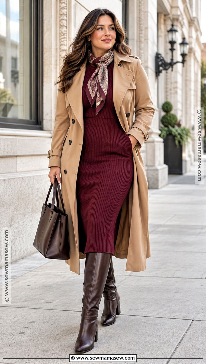 Chicago Fall Outfit With Trench Coat and Knit Midi Dress - 15 Chicago Street Style Fall Ideas