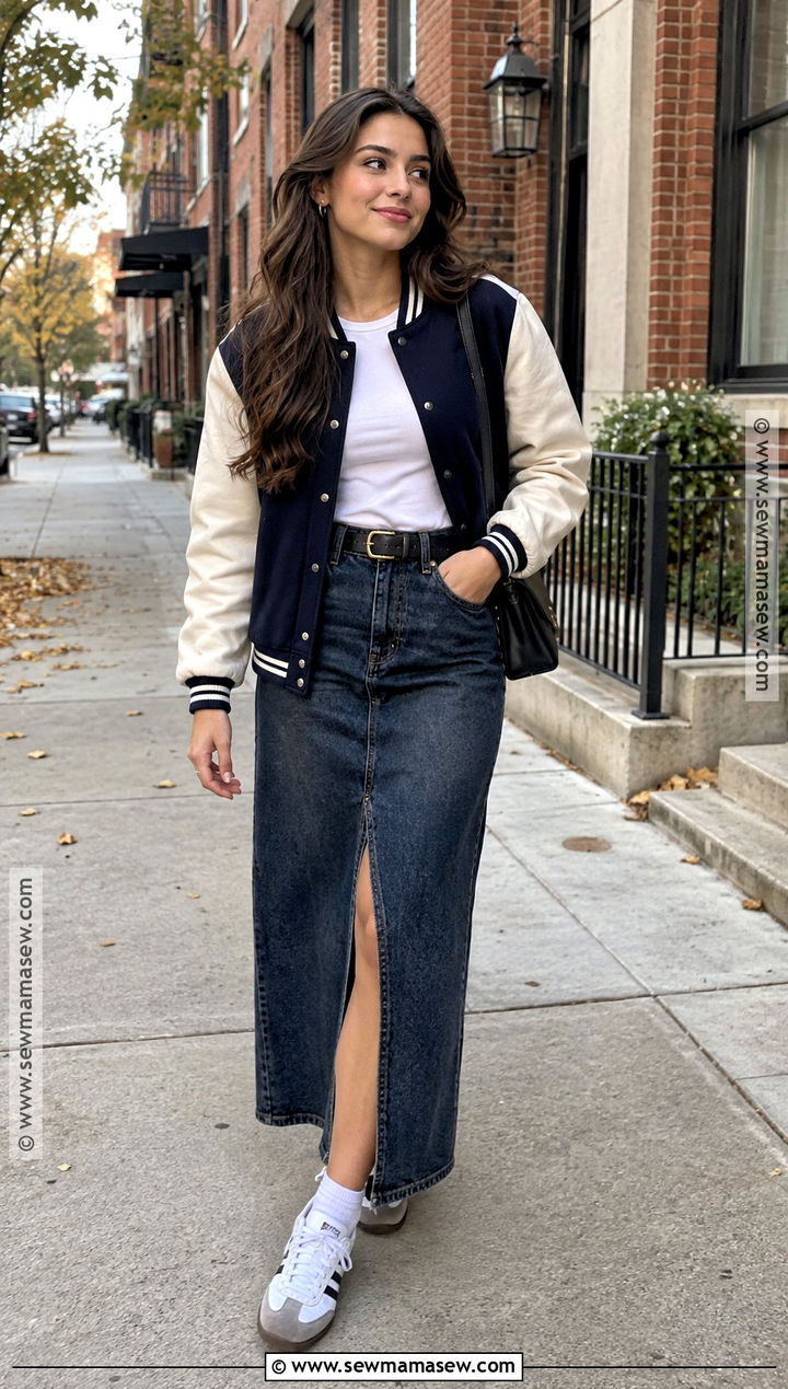 Chicago Fall Outfit With Varsity Jacket and Maxi Skirt - 15 Chicago Street Style Fall Ideas