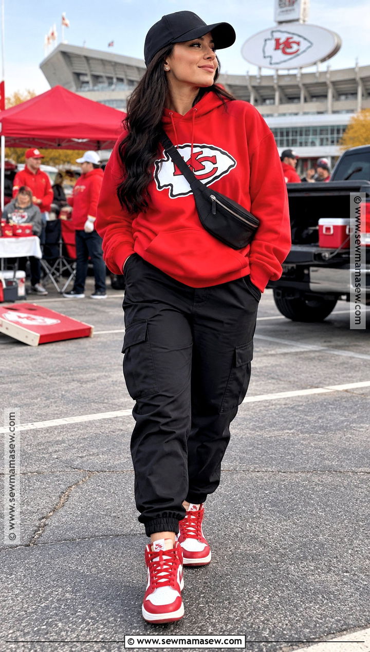 Chiefs Hoodie and Cargo Pants Outfit - 15 Chiefs Game Day Outfit Fall Ideas