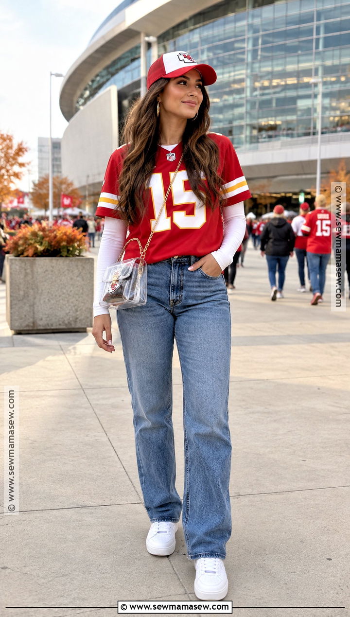 Chiefs Jersey and Straight Leg Jeans Outfit - 15 Chiefs Game Day Outfit Fall Ideas