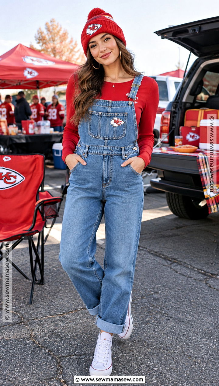 Chiefs Overalls and Long Sleeve Tee Outfit - 15 Chiefs Game Day Outfit Fall Ideas