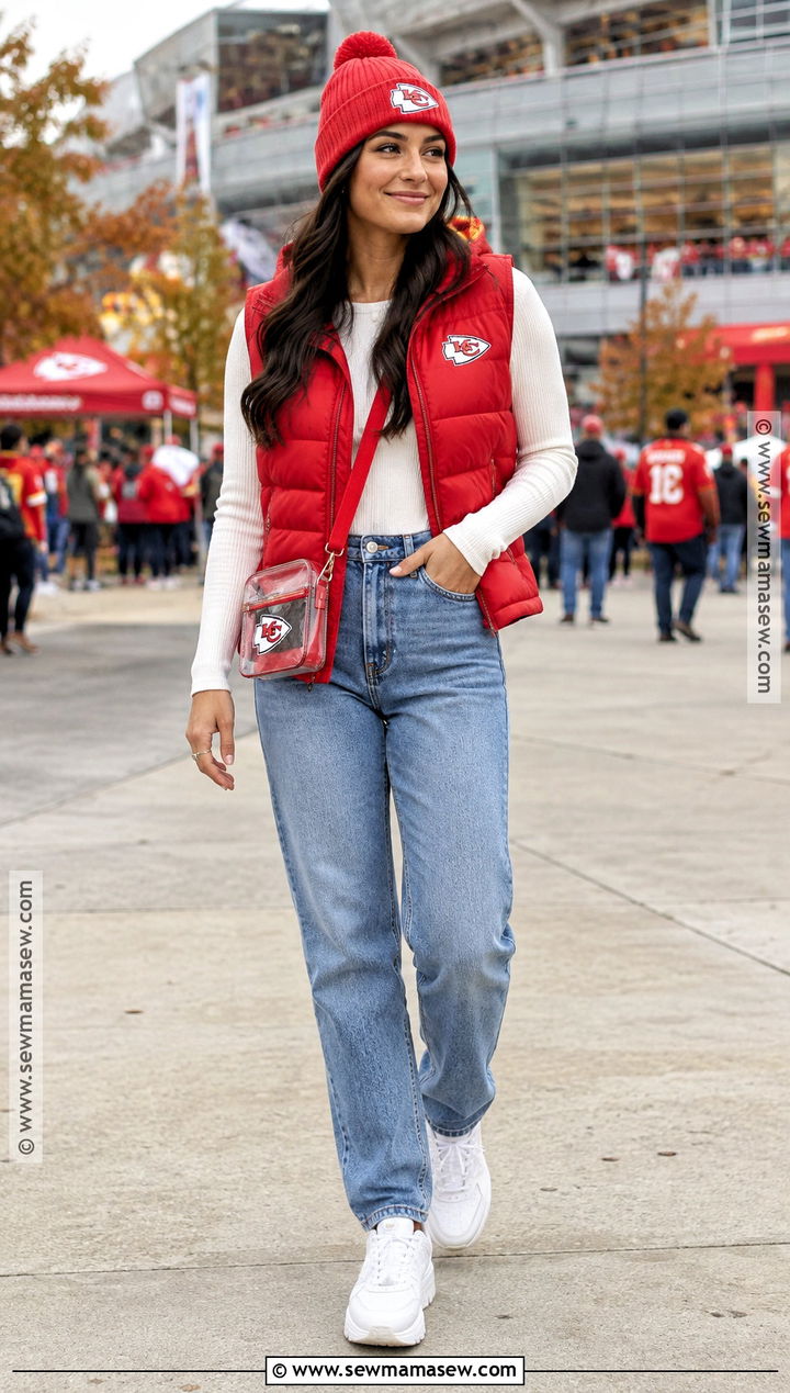 Chiefs Puffer Vest and Jeans Outfit - 15 Chiefs Game Day Outfit Fall Ideas