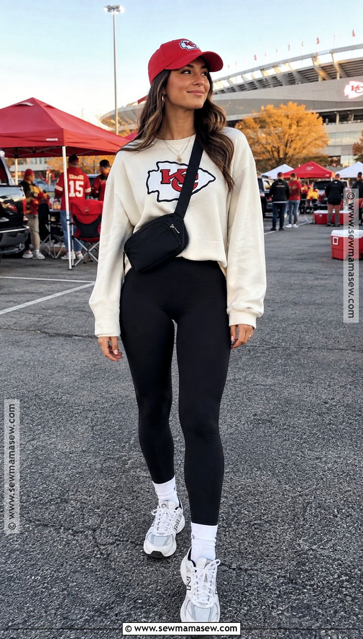 Chiefs Sweatshirt and Black Leggings Outfit - 15 Chiefs Game Day Outfit Fall Ideas