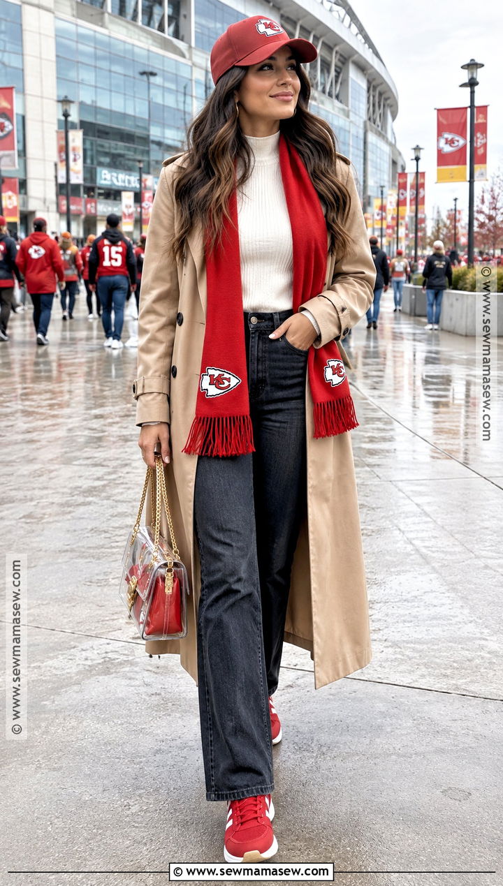 Chiefs Trench Coat and Red Accessories Outfit - 15 Chiefs Game Day Outfit Fall Ideas
