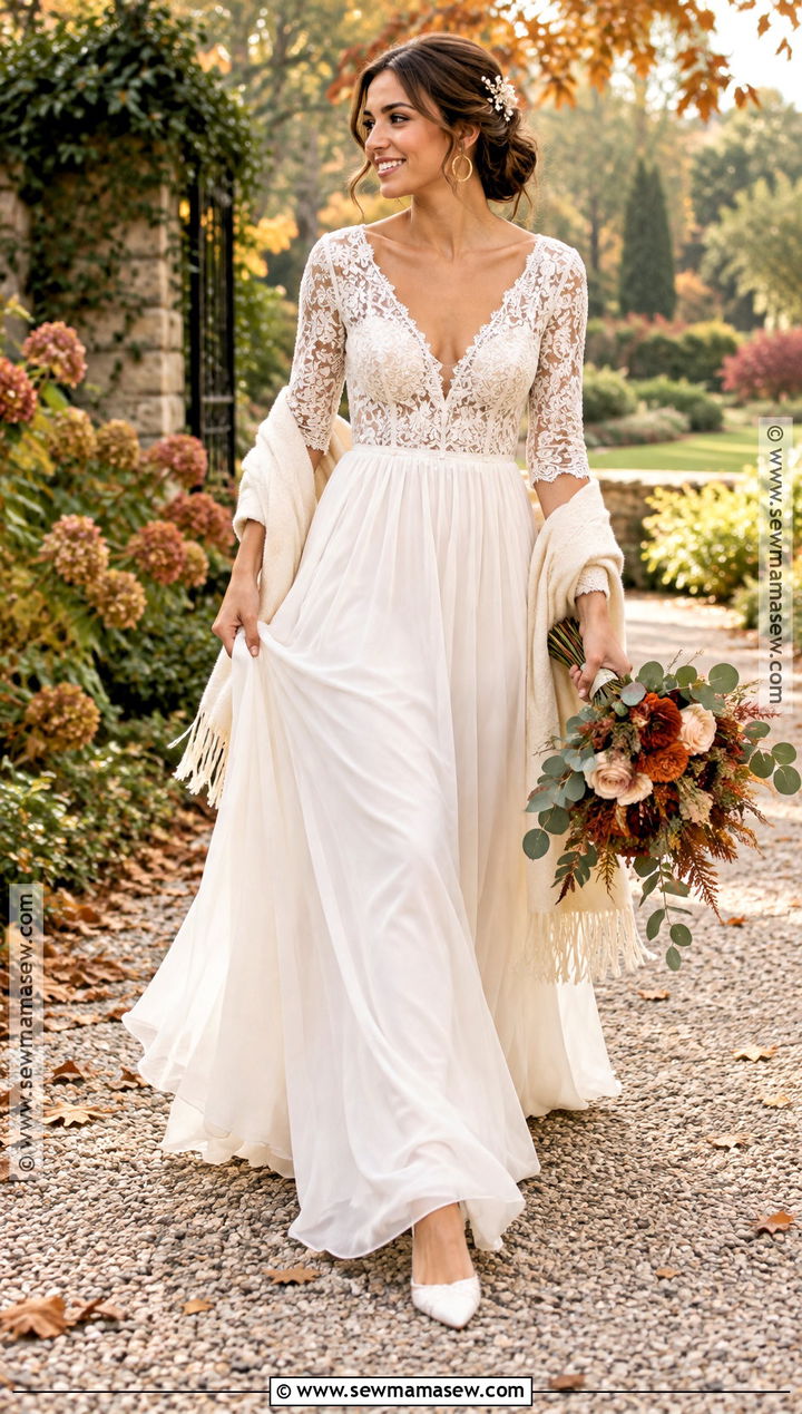 Chiffon A Line Boho Wedding Dress - 15 autumn boho wedding dress ideas