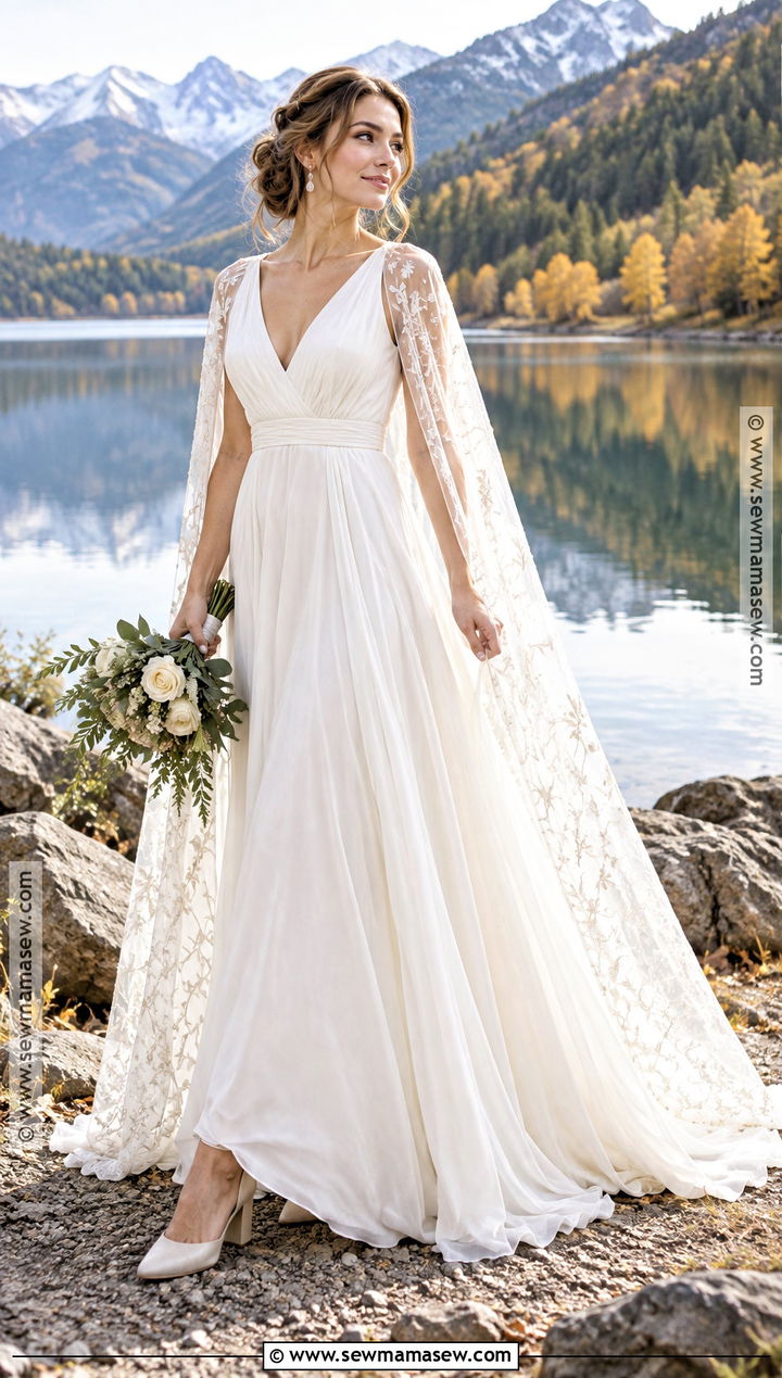 Chiffon A Line Wedding Dress With Cape - 15 A Line Wedding Dress Fall Ideas