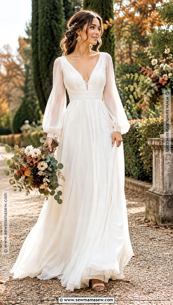 Chiffon Bishop Sleeve Boho Wedding Dress - 15 boho fall wedding dress long sleeve ideas