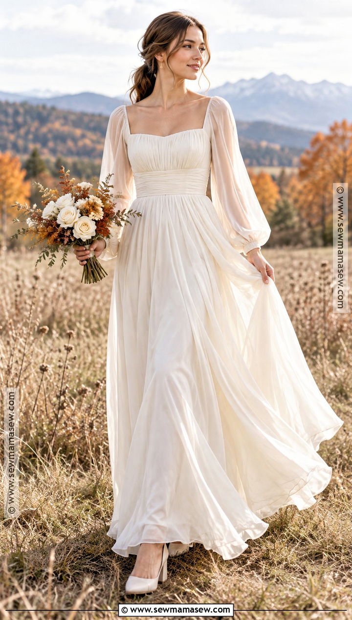 Chiffon Bishop Sleeve Wedding Dress - 15 rustic boho fall wedding dress ideas