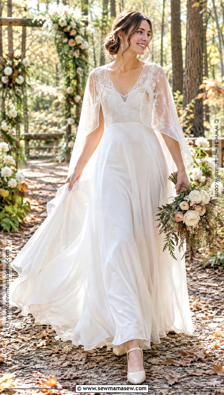 Chiffon Wedding Dress With Bridal Cape - 15 Wedding Dress For Fall Outdoor Wedding Ideas