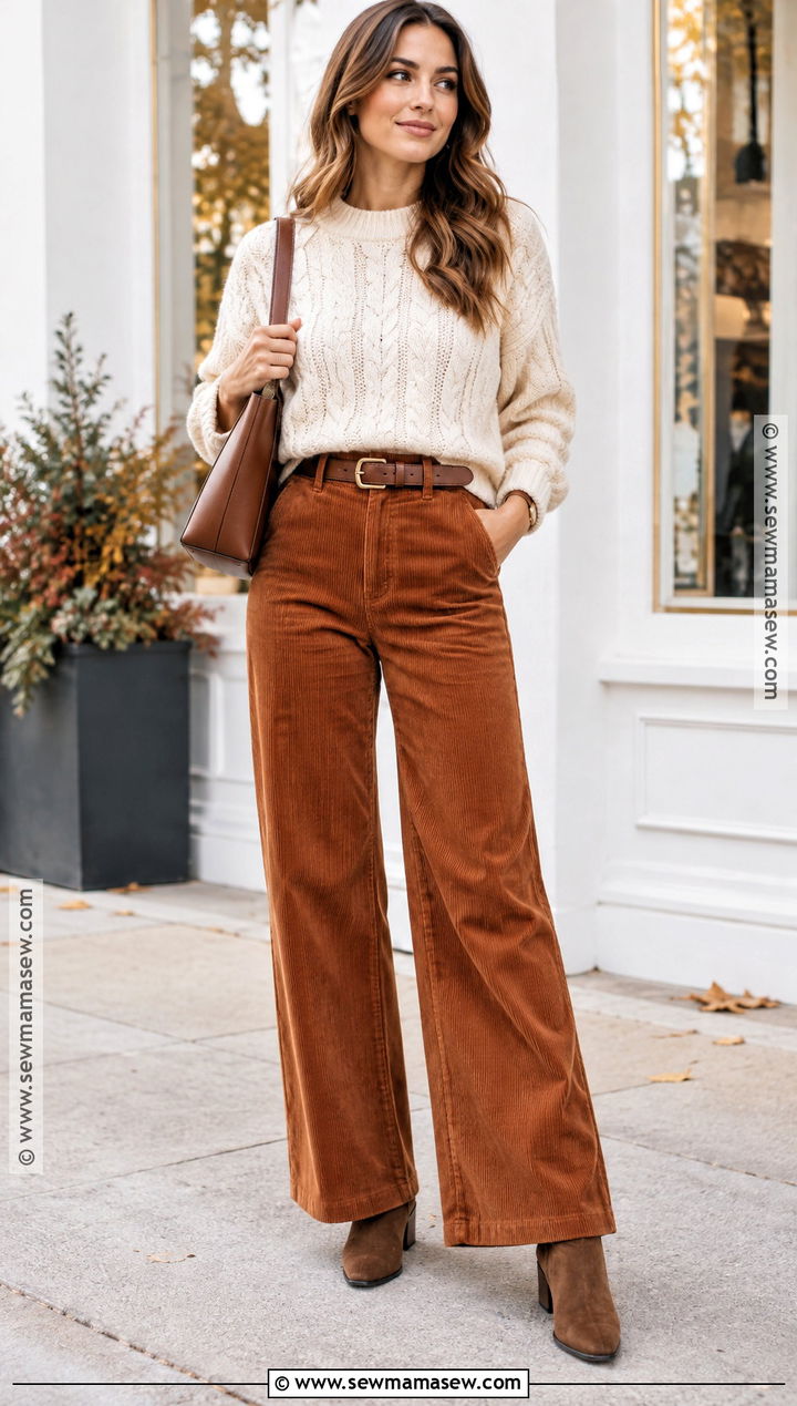 Chilly Fall Outfit With Corduroy Pants And Knit Sweater - 25 chilly fall outfits
