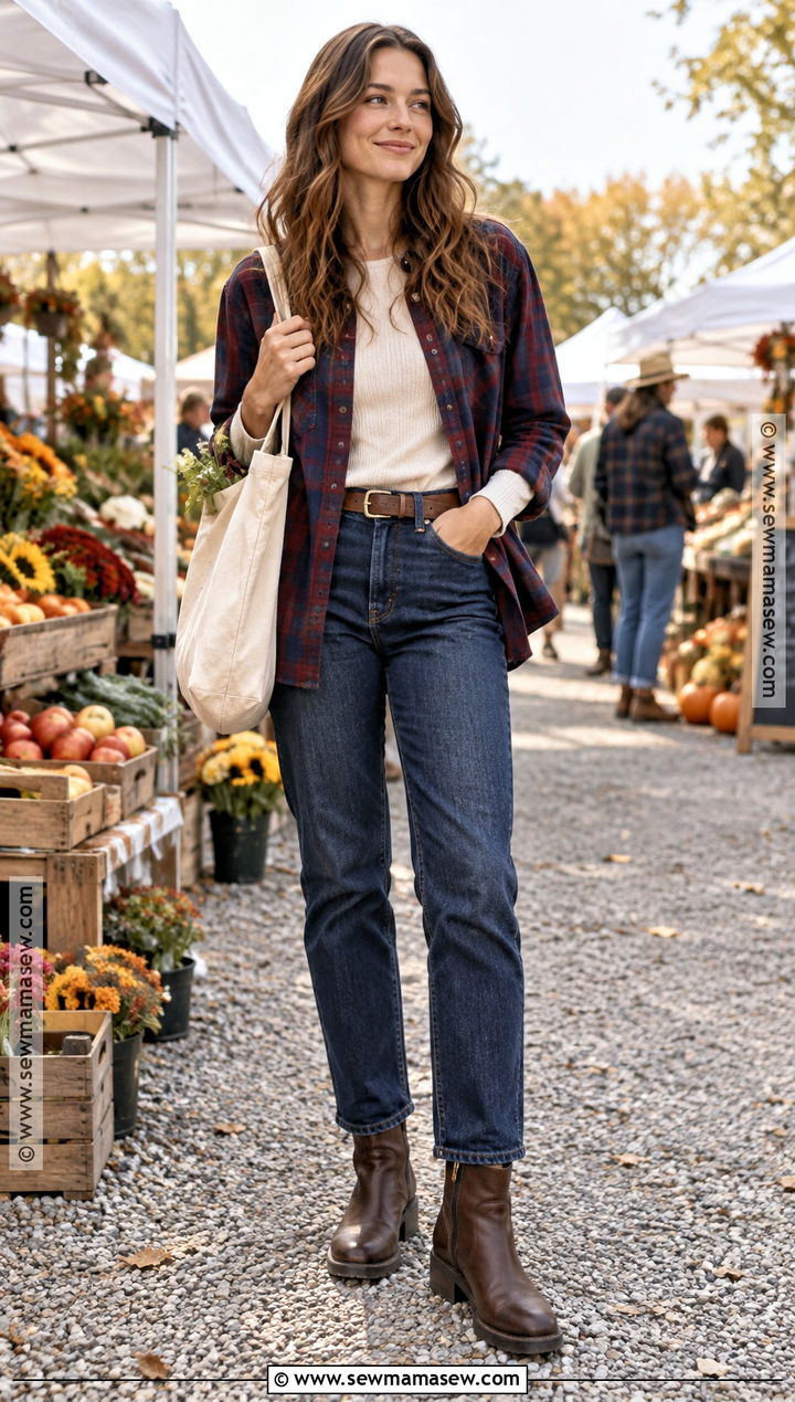 Chilly Fall Outfit With Flannel Shirt And Straight Leg Jeans - 25 chilly fall outfits