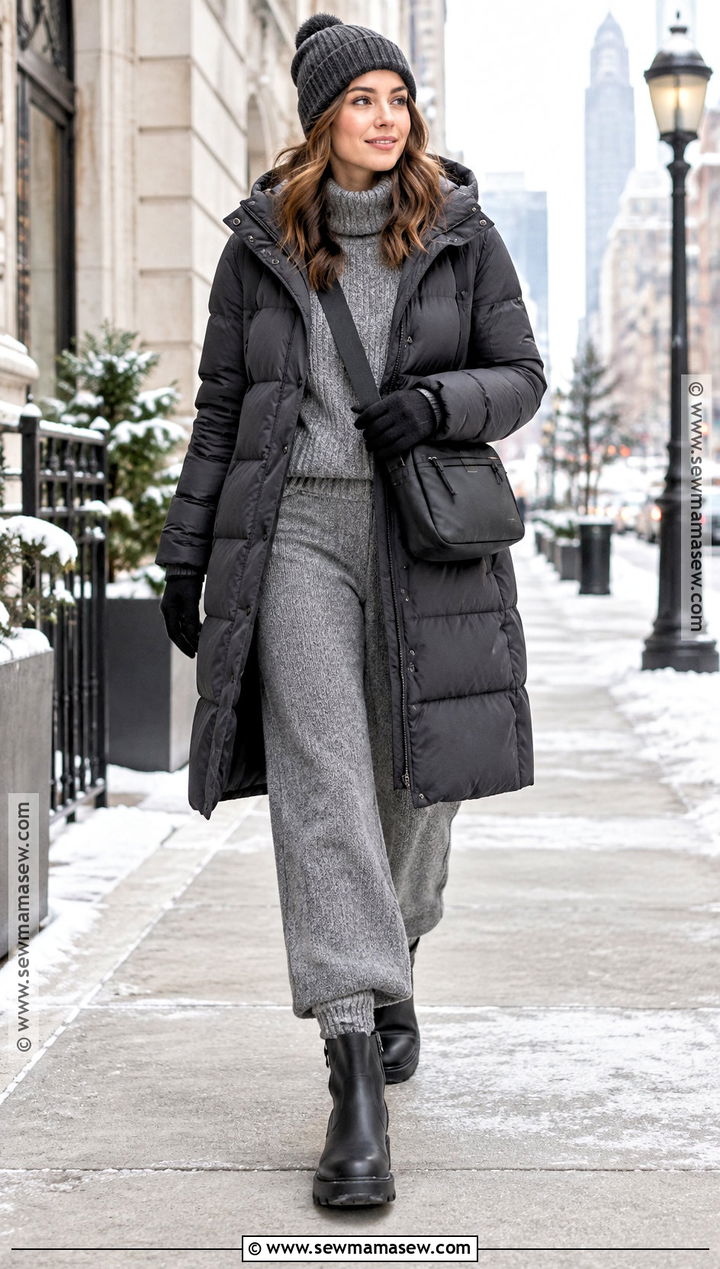 Chilly Fall Outfit With Puffer Coat And Sweater Set - 25 chilly fall outfits