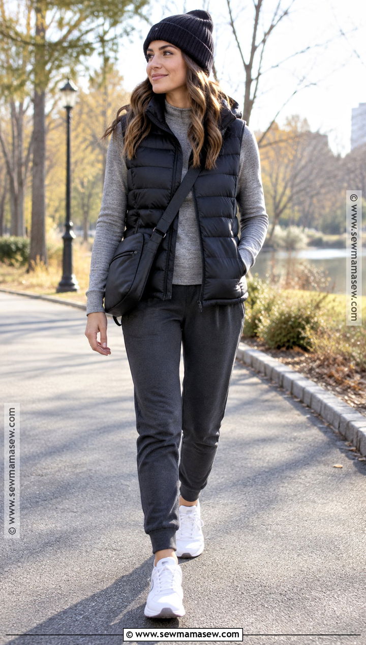 Chilly Fall Outfit With Puffer Vest And Joggers - 25 chilly fall outfits