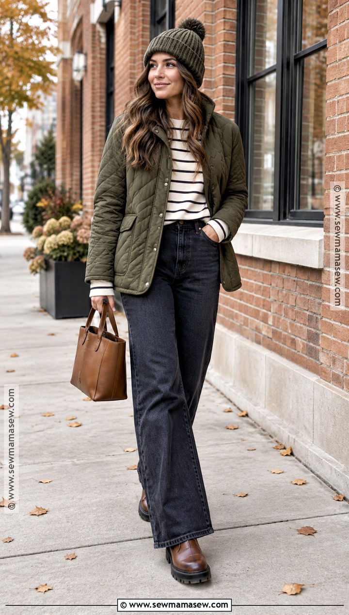 Chilly Fall Outfit With Quilted Jacket And Wide Leg Jeans - 25 chilly fall outfits
