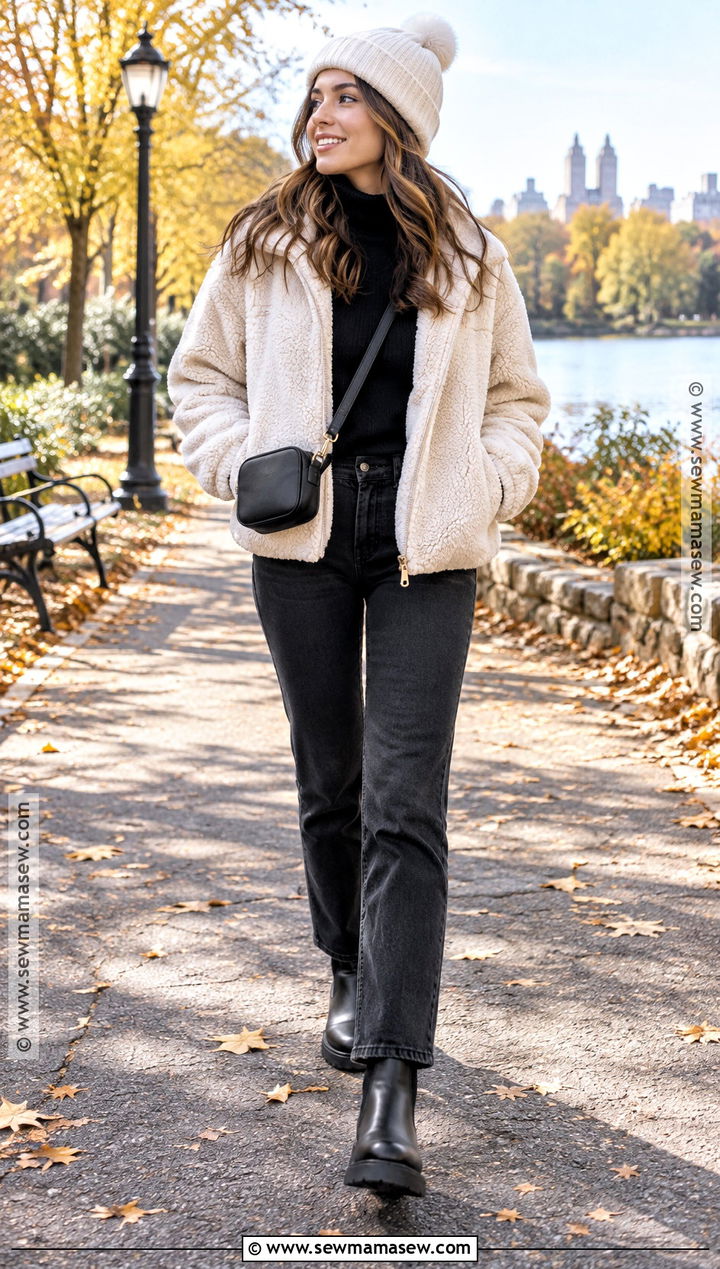 Chilly Fall Outfit With Sherpa Jacket And Black Jeans - 25 chilly fall outfits