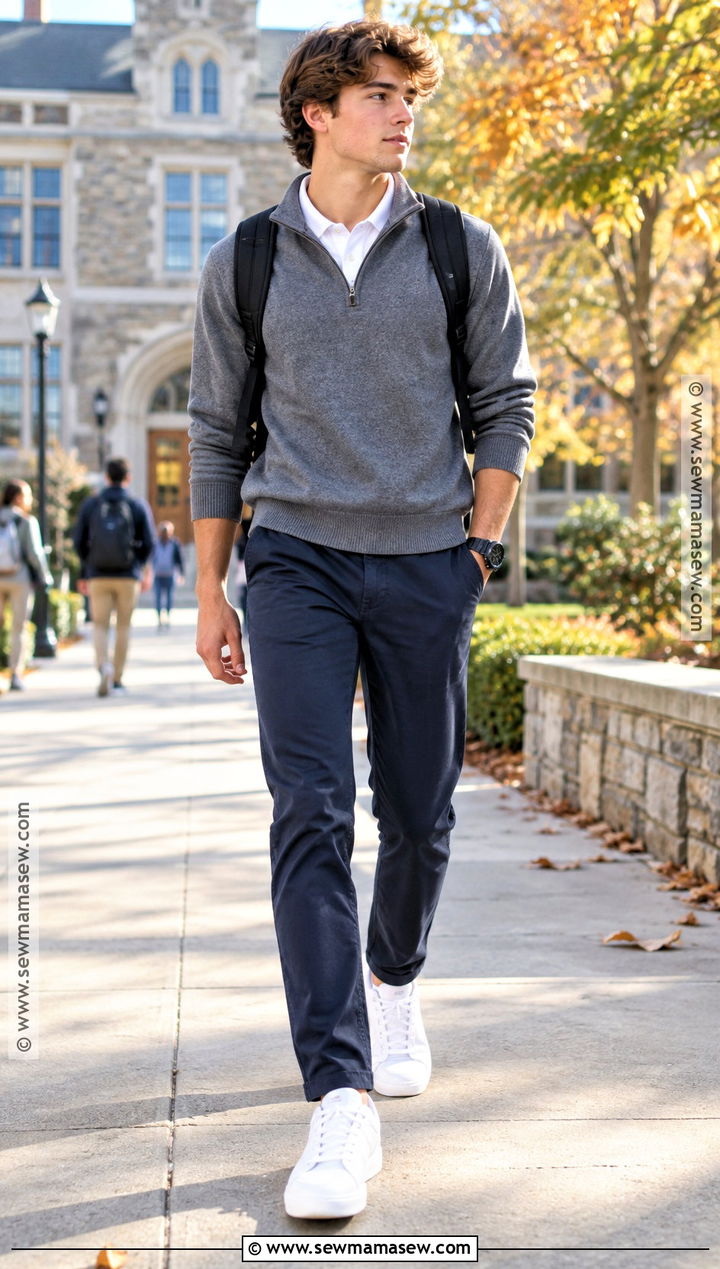 Chino Pants And Quarter Zip Uniform Outfit - 15 back to school outfits uniform ideas