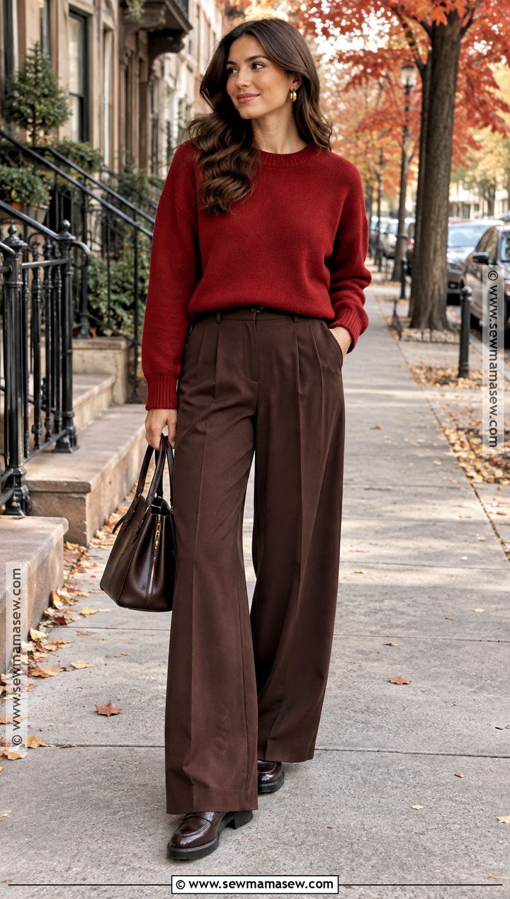 Chocolate Brown And Cherry Red Outfit - 15 Autumn Fashion Color Scheme Ideas