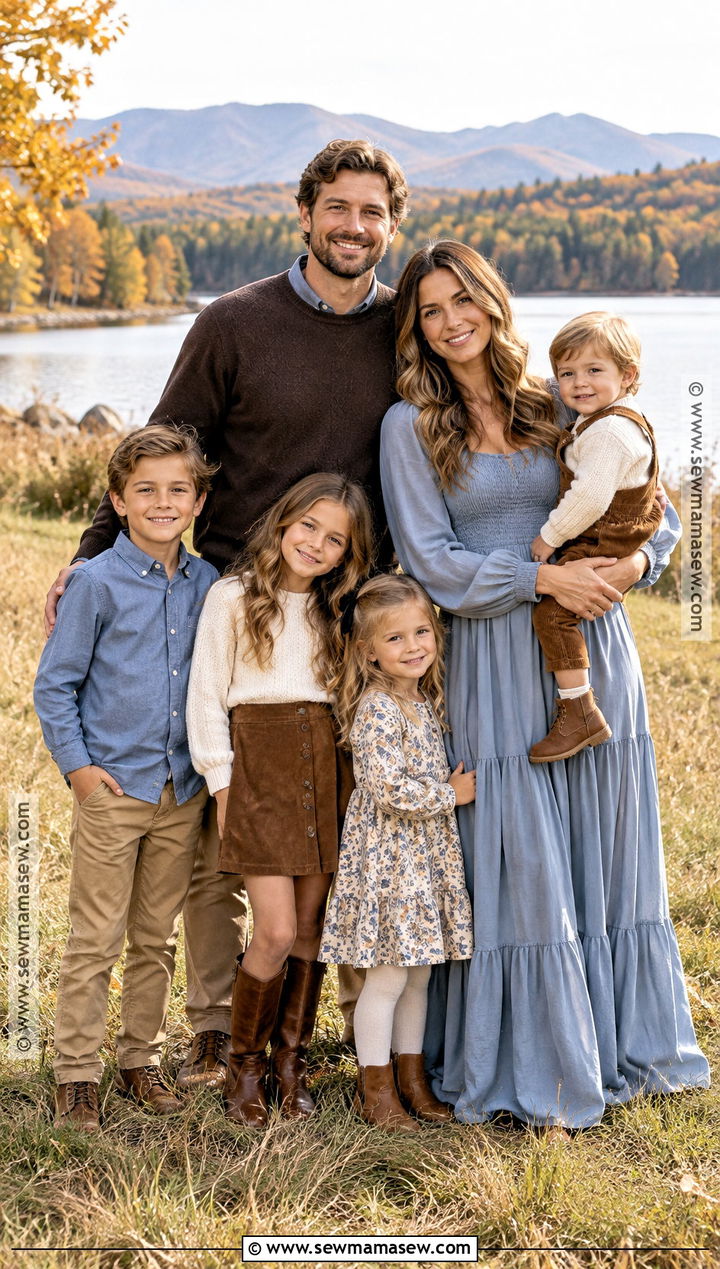 Chocolate Brown And Dusty Blue Large Family Fall Photoshoot Outfits - 15 Large Family Fall Photoshoot Outfits