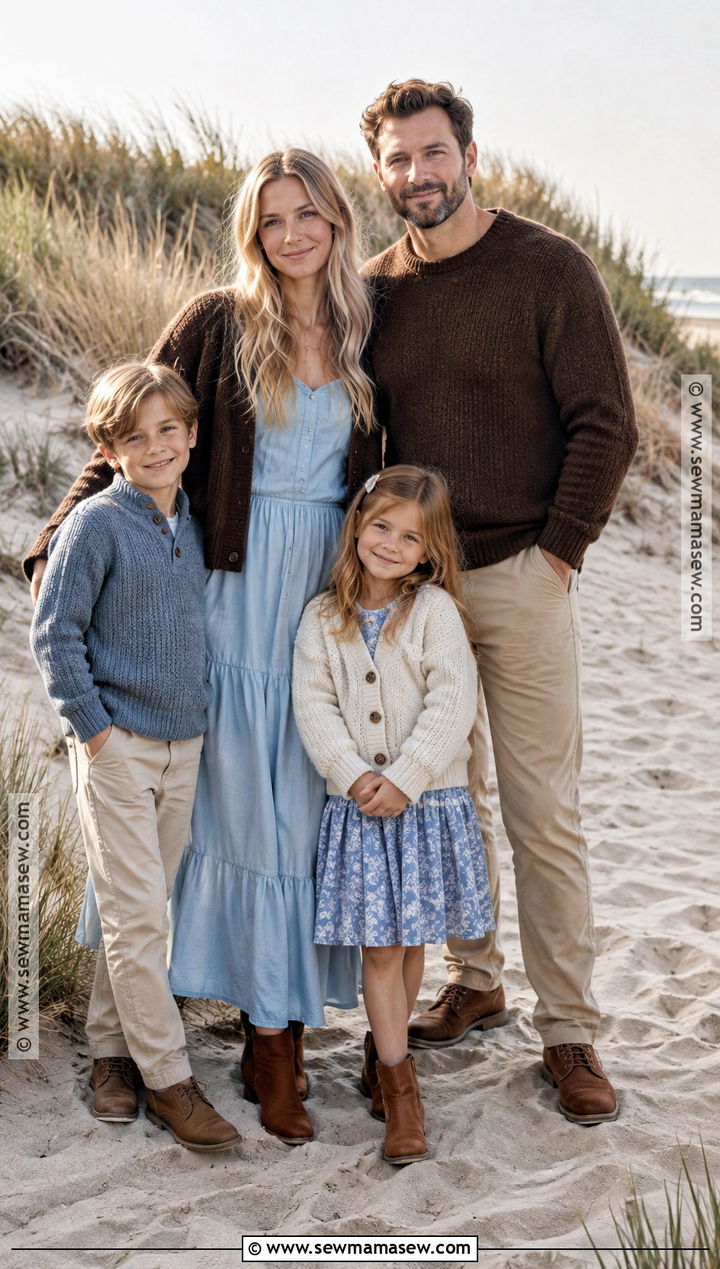 Chocolate Brown And Soft Blue Fall Beach Family Photo Outfits - 20 fall beach family photos outfits